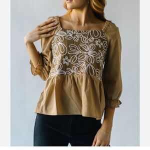 Hayden Tan and White Smocked Ruffled Blouse